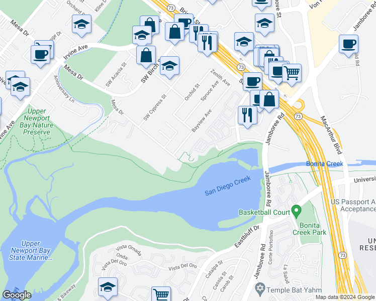 map of restaurants, bars, coffee shops, grocery stores, and more near 97 Pelican Court in Newport Beach