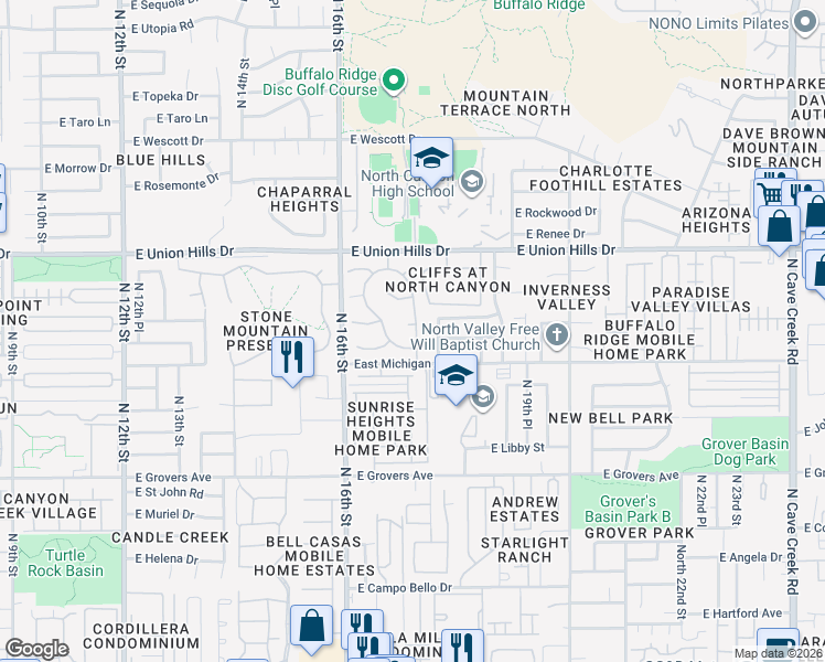 map of restaurants, bars, coffee shops, grocery stores, and more near 1659 East Bluefield Circle in Phoenix
