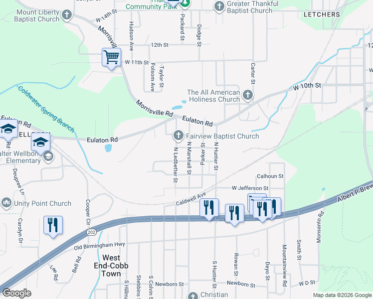 map of restaurants, bars, coffee shops, grocery stores, and more near 710 North Marshall Street in Anniston