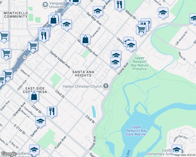 map of restaurants, bars, coffee shops, grocery stores, and more near 2435 Marseilles Way in Costa Mesa