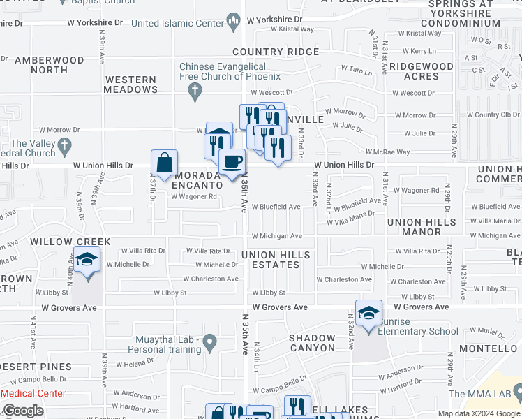 map of restaurants, bars, coffee shops, grocery stores, and more near 18836 North 34th Lane in Phoenix