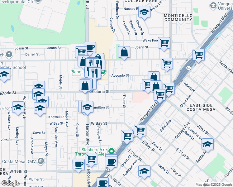 map of restaurants, bars, coffee shops, grocery stores, and more near 373 Victoria Street in Costa Mesa