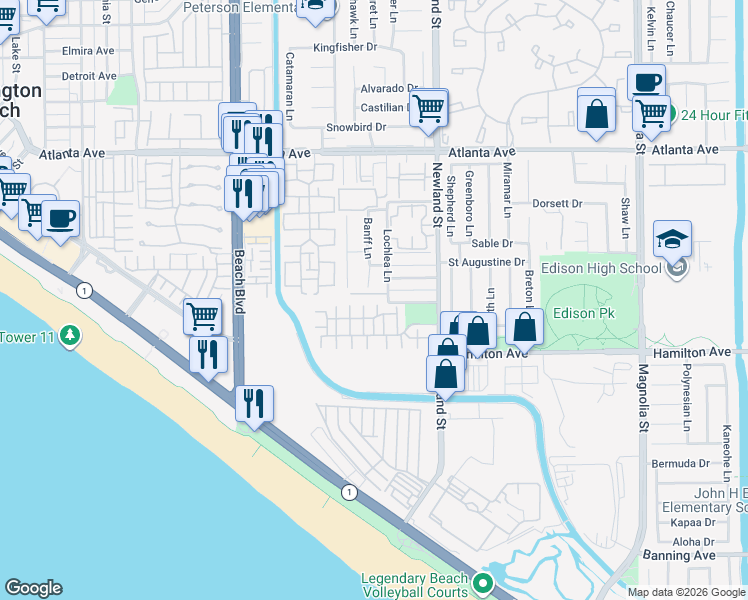 map of restaurants, bars, coffee shops, grocery stores, and more near 8426 Terranova Circle in Huntington Beach