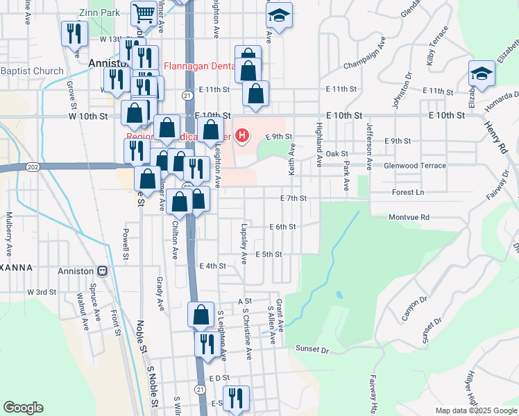 map of restaurants, bars, coffee shops, grocery stores, and more near 614 Goodwin Avenue in Anniston