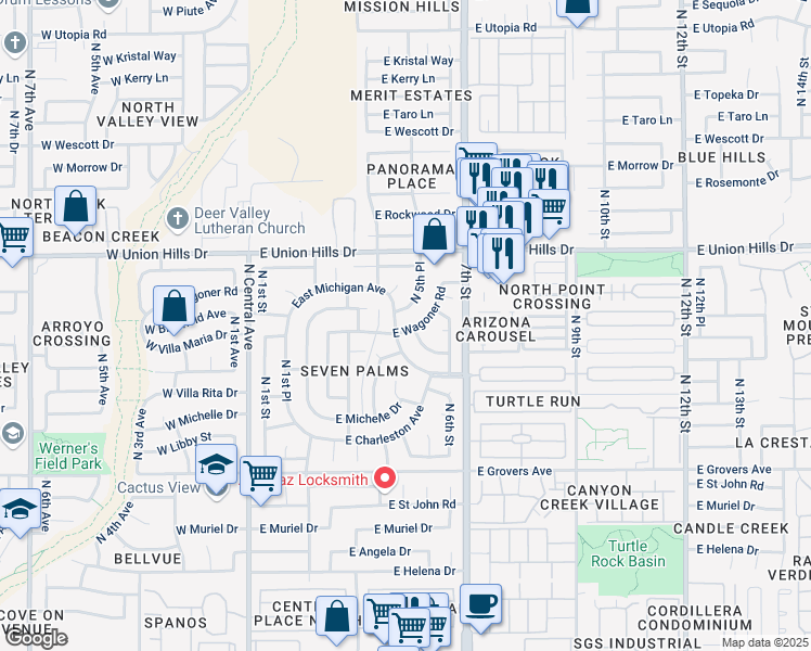 map of restaurants, bars, coffee shops, grocery stores, and more near 416 E Wagoner Rd in Phoenix