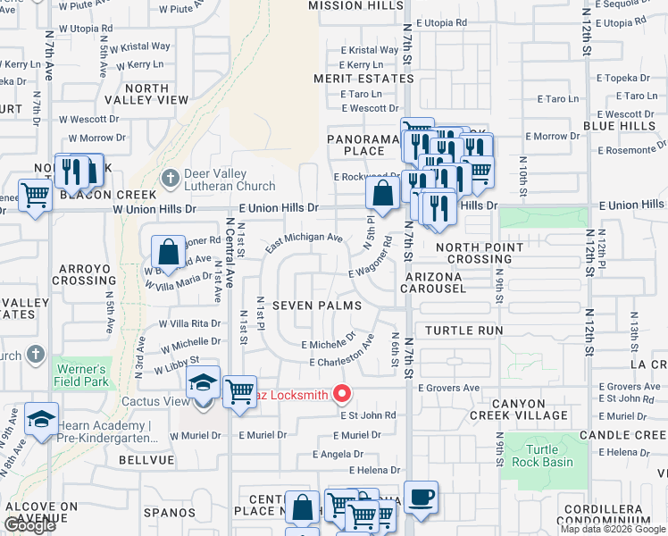 map of restaurants, bars, coffee shops, grocery stores, and more near 311 East Bluefield Avenue in Phoenix