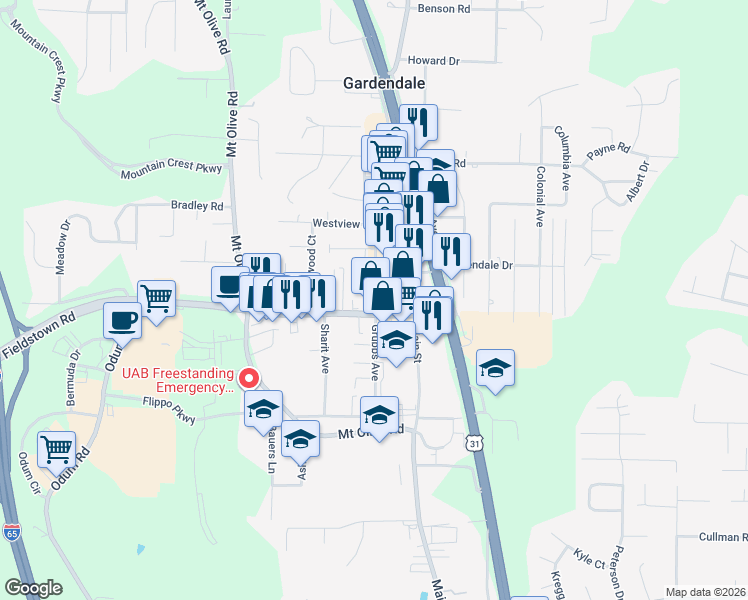 map of restaurants, bars, coffee shops, grocery stores, and more near 210 Fieldstown Road in Gardendale