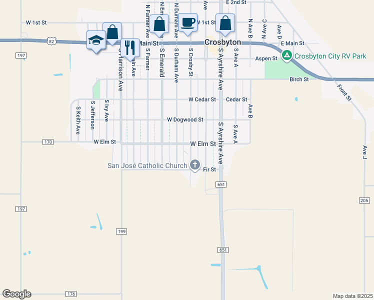map of restaurants, bars, coffee shops, grocery stores, and more near 604 South Crosby Street in Crosbyton