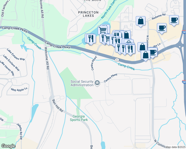 map of restaurants, bars, coffee shops, grocery stores, and more near 1400 Centre Parkway in East Point