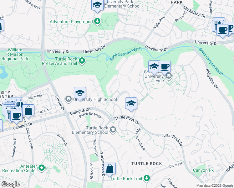 map of restaurants, bars, coffee shops, grocery stores, and more near 15 Rocky Knoll in Irvine