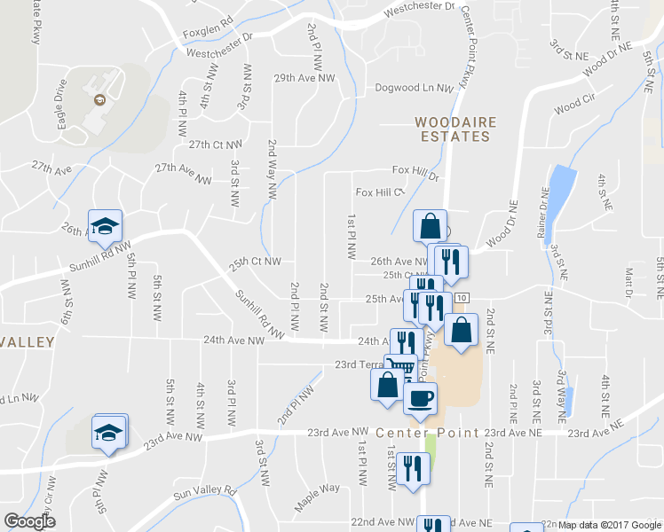 map of restaurants, bars, coffee shops, grocery stores, and more near 2517 2nd Street Northwest in Center Point
