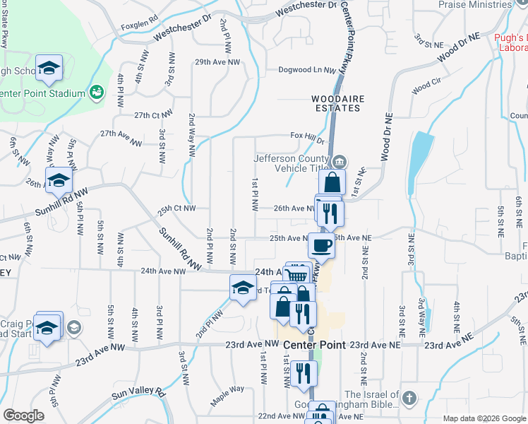 map of restaurants, bars, coffee shops, grocery stores, and more near 125 26th Avenue Northwest in Center Point