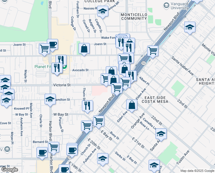 map of restaurants, bars, coffee shops, grocery stores, and more near 260 Victoria Street in Costa Mesa