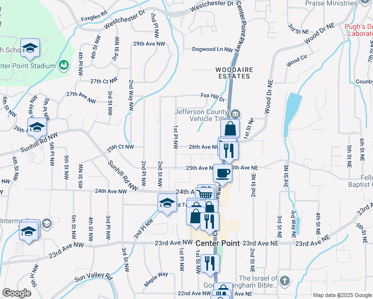 map of restaurants, bars, coffee shops, grocery stores, and more near 125 26th Avenue Northwest in Center Point
