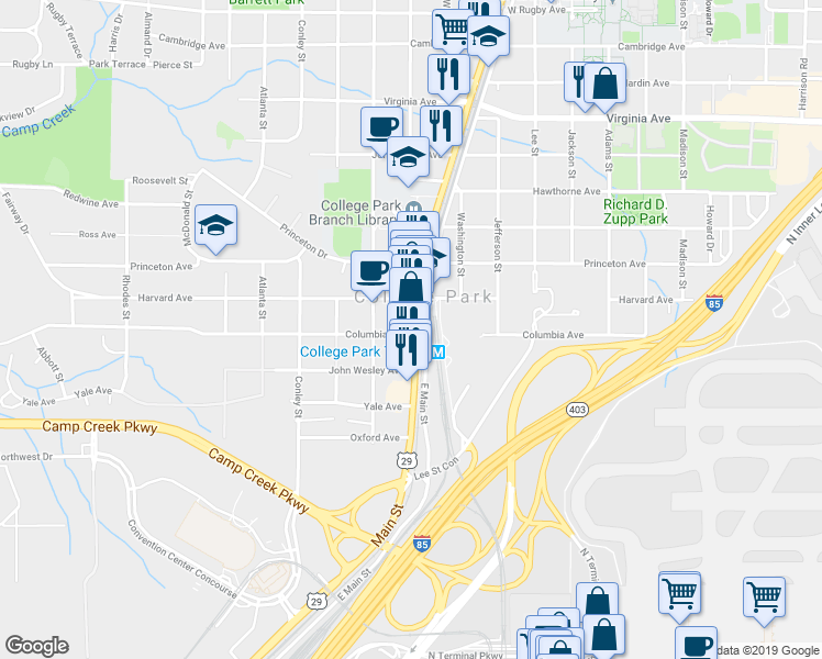 map of restaurants, bars, coffee shops, grocery stores, and more near 3775 Main Street in College Park