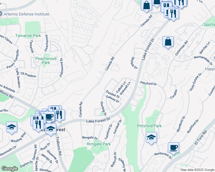map of restaurants, bars, coffee shops, grocery stores, and more near 21382 Stonehaven Lane in Lake Forest