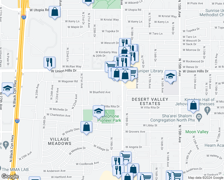 map of restaurants, bars, coffee shops, grocery stores, and more near 1928 West Bluefield Avenue in Phoenix