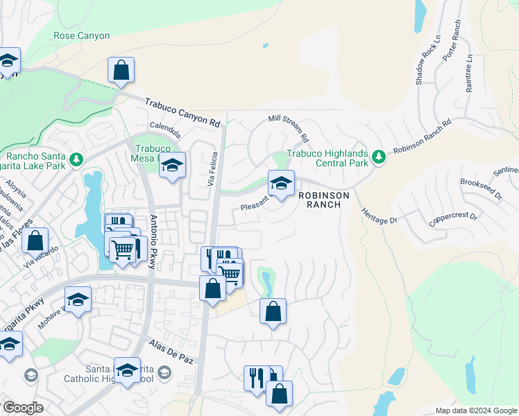 map of restaurants, bars, coffee shops, grocery stores, and more near 31952 Pleasant Glen Road in Trabuco Canyon