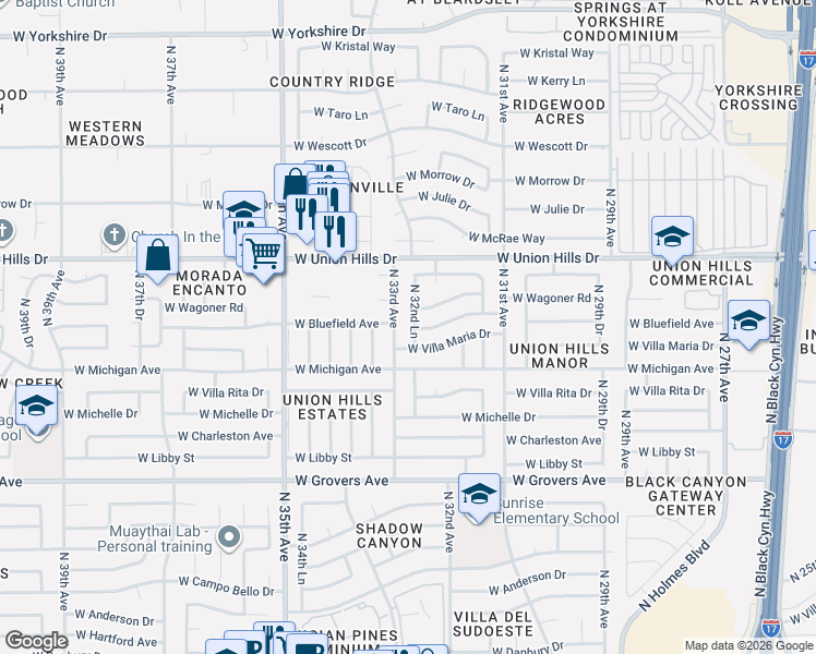 map of restaurants, bars, coffee shops, grocery stores, and more near 18402 North 32nd Lane in Phoenix