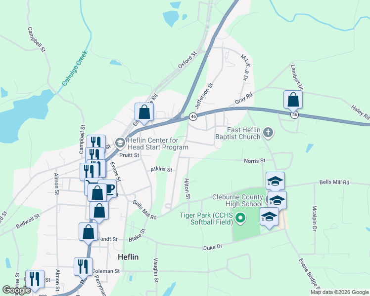 map of restaurants, bars, coffee shops, grocery stores, and more near 141 Bennett Street in Heflin