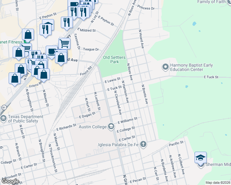 map of restaurants, bars, coffee shops, grocery stores, and more near 1329 North Grand Avenue in Sherman