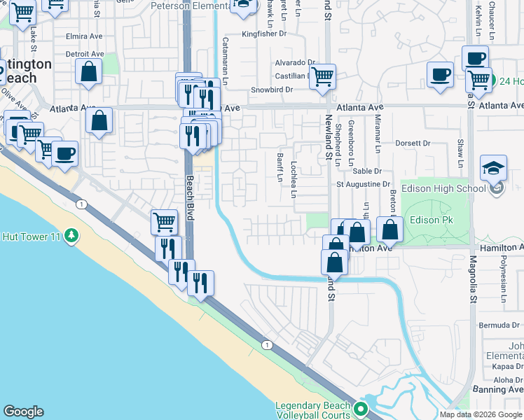 map of restaurants, bars, coffee shops, grocery stores, and more near 8366 Terranova Circle in Huntington Beach