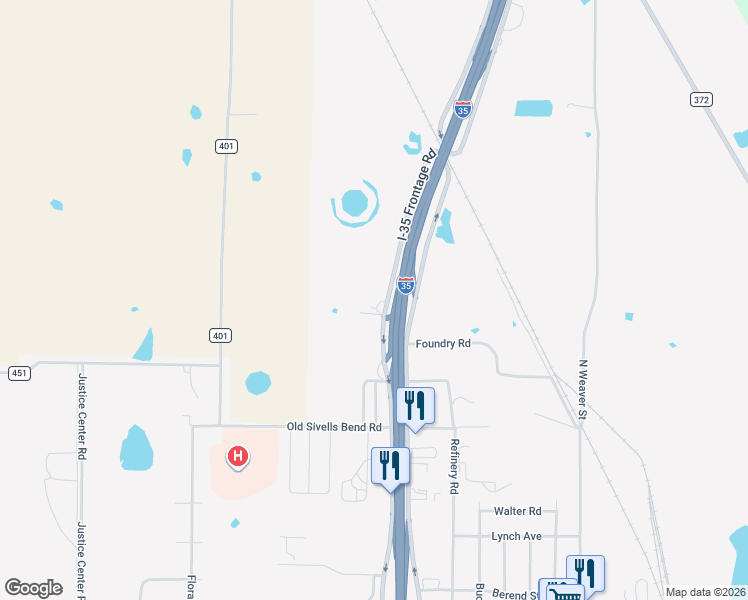 map of restaurants, bars, coffee shops, grocery stores, and more near 2105 Interstate 35 in Gainesville