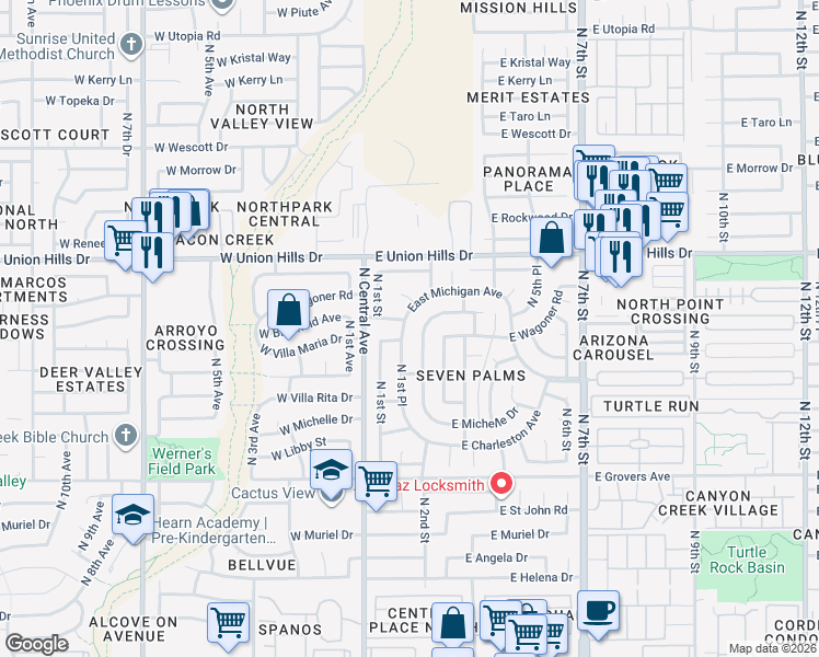 map of restaurants, bars, coffee shops, grocery stores, and more near 101 East Michigan Avenue in Phoenix