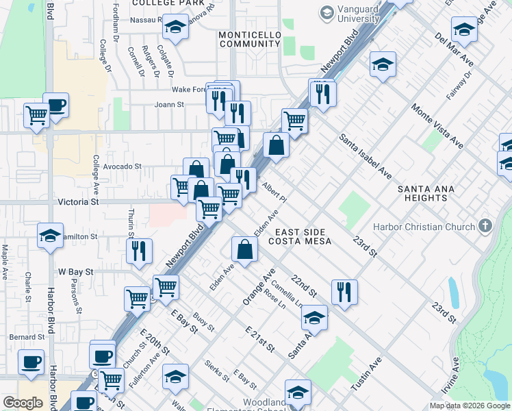 map of restaurants, bars, coffee shops, grocery stores, and more near 121 Cecil Place in Costa Mesa