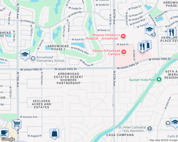 map of restaurants, bars, coffee shops, grocery stores, and more near 6845 West Union Hills Drive in Glendale