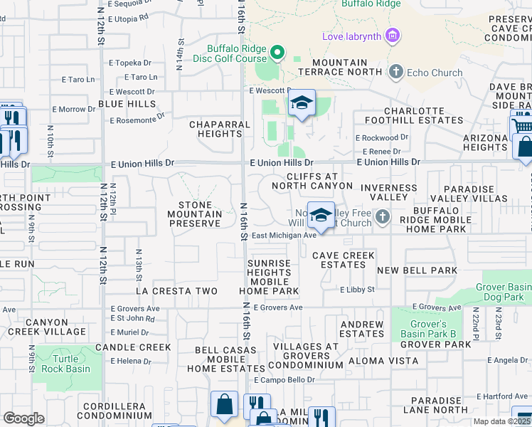 map of restaurants, bars, coffee shops, grocery stores, and more near 1625 East Bluefield Avenue in Phoenix