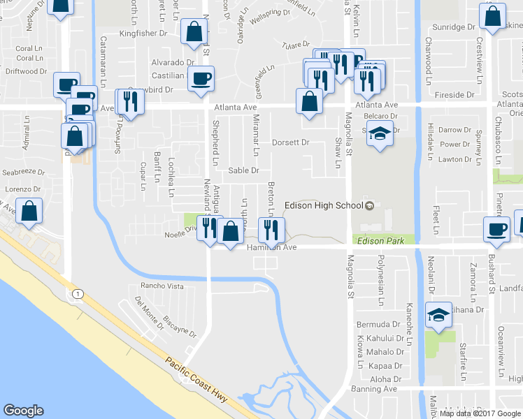 map of restaurants, bars, coffee shops, grocery stores, and more near 21352 Yarmouth Lane in Huntington Beach