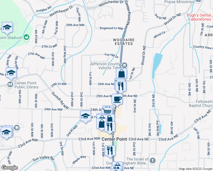 map of restaurants, bars, coffee shops, grocery stores, and more near 105 26th Avenue Northwest in Center Point