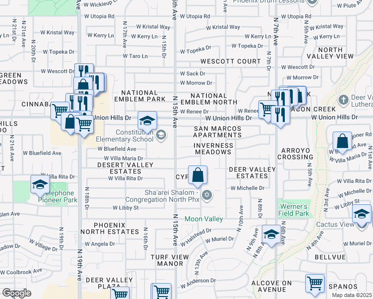 map of restaurants, bars, coffee shops, grocery stores, and more near 1403 West Bluefield Avenue in Phoenix
