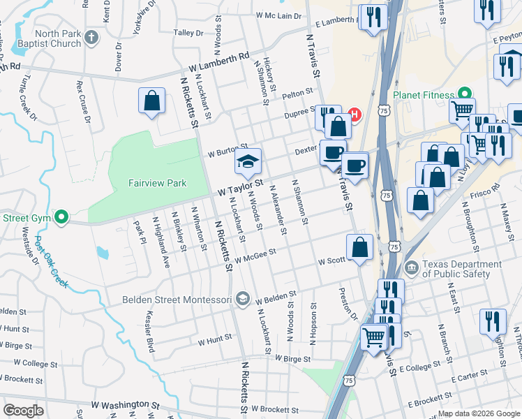 map of restaurants, bars, coffee shops, grocery stores, and more near 1721 North Woods Street in Sherman