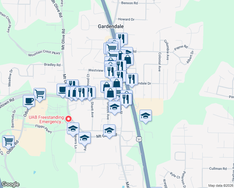 map of restaurants, bars, coffee shops, grocery stores, and more near 210 Fieldstown Road in Gardendale