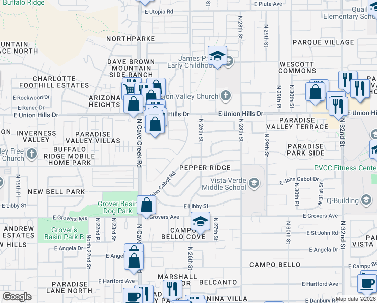 map of restaurants, bars, coffee shops, grocery stores, and more near 18224 North 26th Street in Phoenix