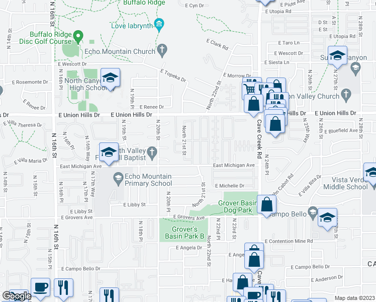 map of restaurants, bars, coffee shops, grocery stores, and more near 18250 North 21st Place in Phoenix