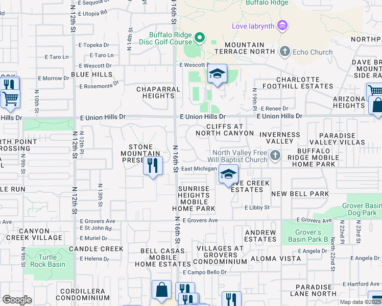 map of restaurants, bars, coffee shops, grocery stores, and more near 1625 East Bluefield Avenue in Phoenix