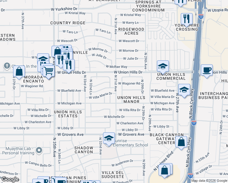 map of restaurants, bars, coffee shops, grocery stores, and more near 3113 West Bluefield Avenue in Phoenix