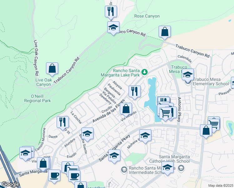 map of restaurants, bars, coffee shops, grocery stores, and more near 23 Paulownia in Rancho Santa Margarita