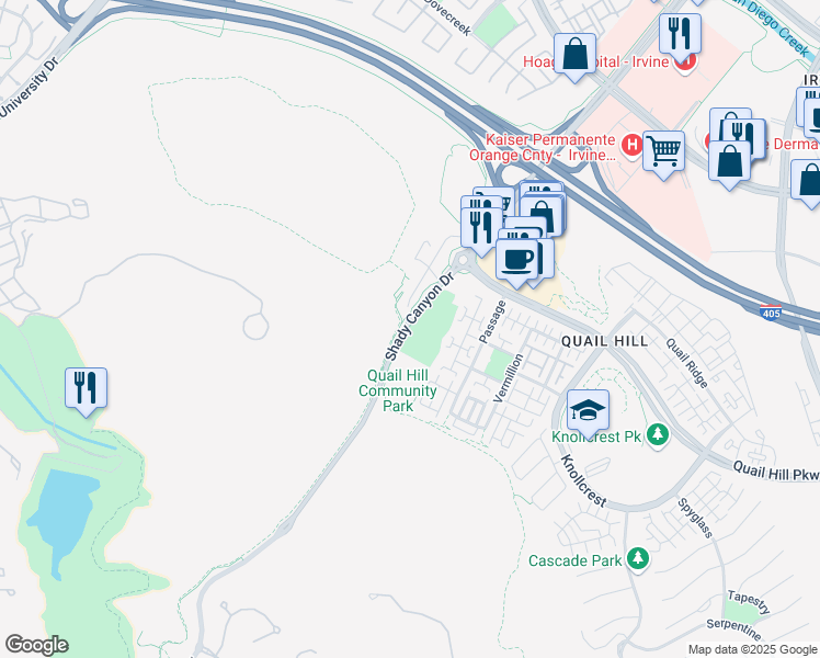 map of restaurants, bars, coffee shops, grocery stores, and more near 35 Shady Canyon Dr in Irvine