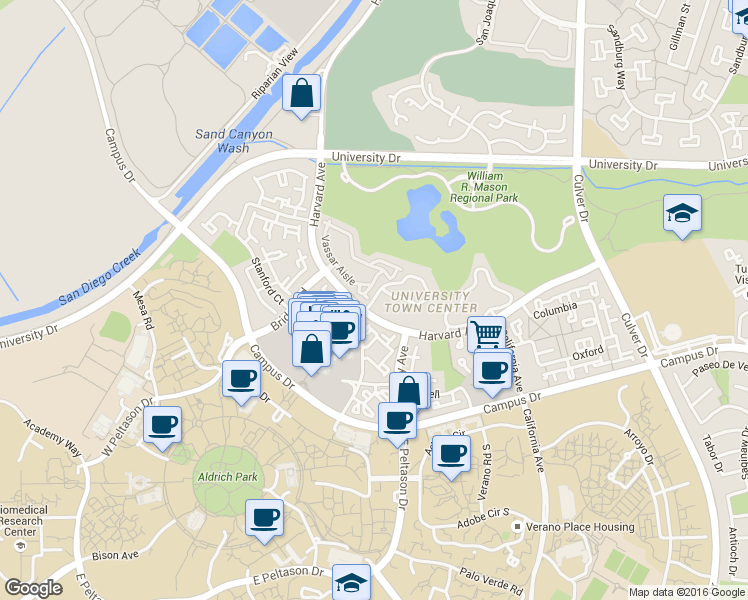 map of restaurants, bars, coffee shops, grocery stores, and more near 14 Scripps Aisle in Irvine