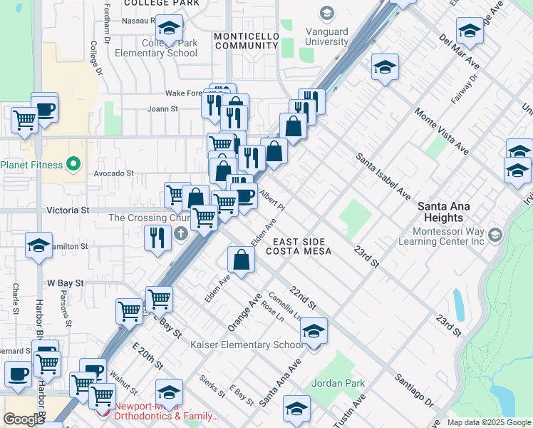 map of restaurants, bars, coffee shops, grocery stores, and more near 121 Cecil Place in Costa Mesa
