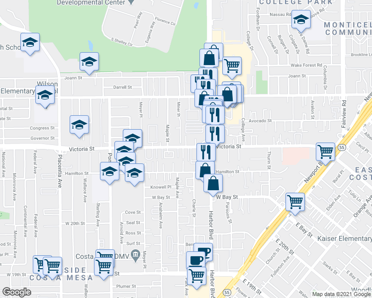 map of restaurants, bars, coffee shops, grocery stores, and more near 543 Victoria Street in Costa Mesa