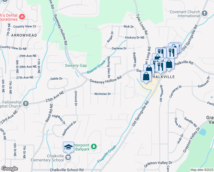 map of restaurants, bars, coffee shops, grocery stores, and more near 5070 Abbey Lane in Birmingham