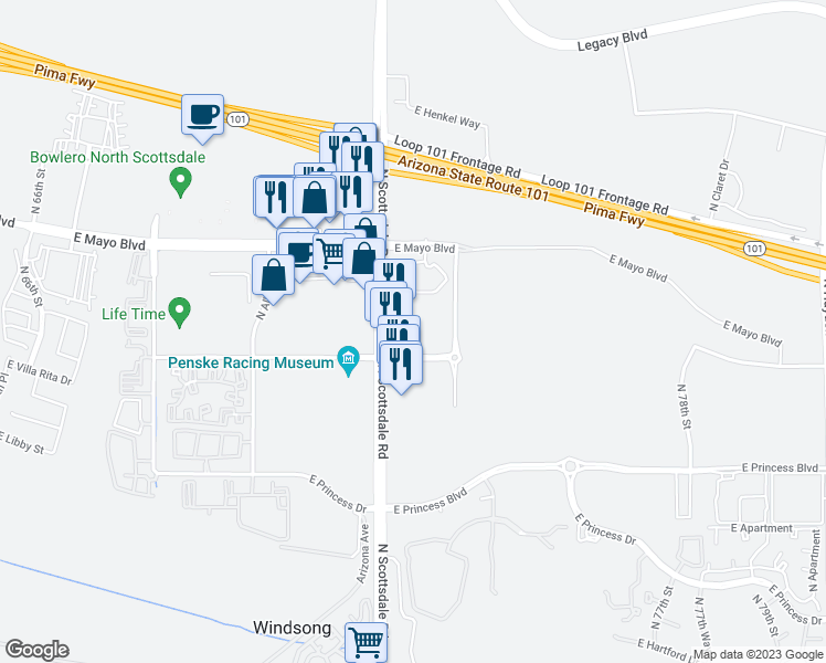 map of restaurants, bars, coffee shops, grocery stores, and more near 18515 North Scottsdale Road in Scottsdale