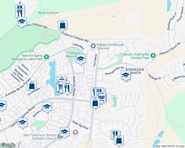 map of restaurants, bars, coffee shops, grocery stores, and more near 13 Vía Bellorita in Rancho Santa Margarita