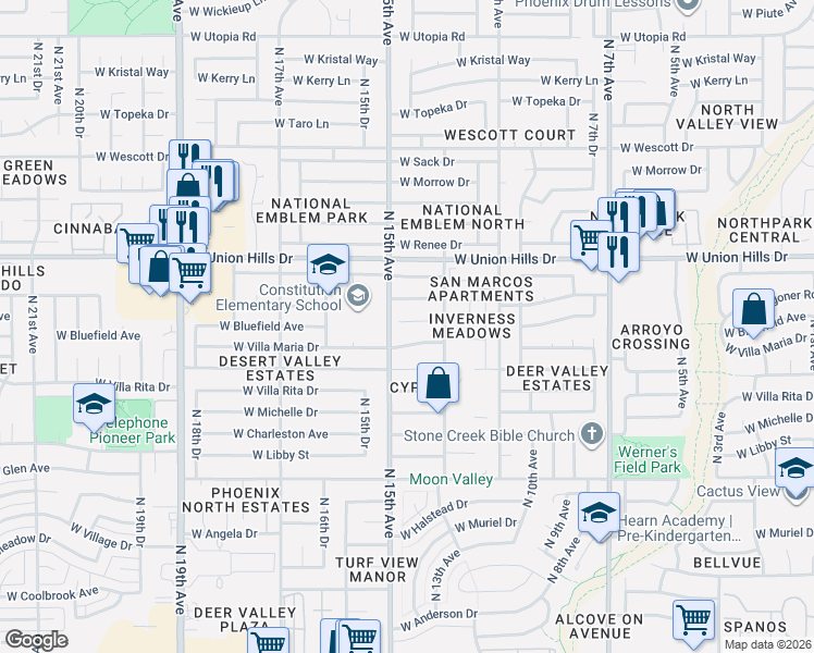 map of restaurants, bars, coffee shops, grocery stores, and more near 1403 West Bluefield Avenue in Phoenix
