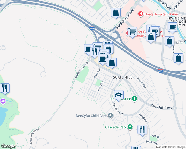 map of restaurants, bars, coffee shops, grocery stores, and more near 88 Stepping Stone in Irvine